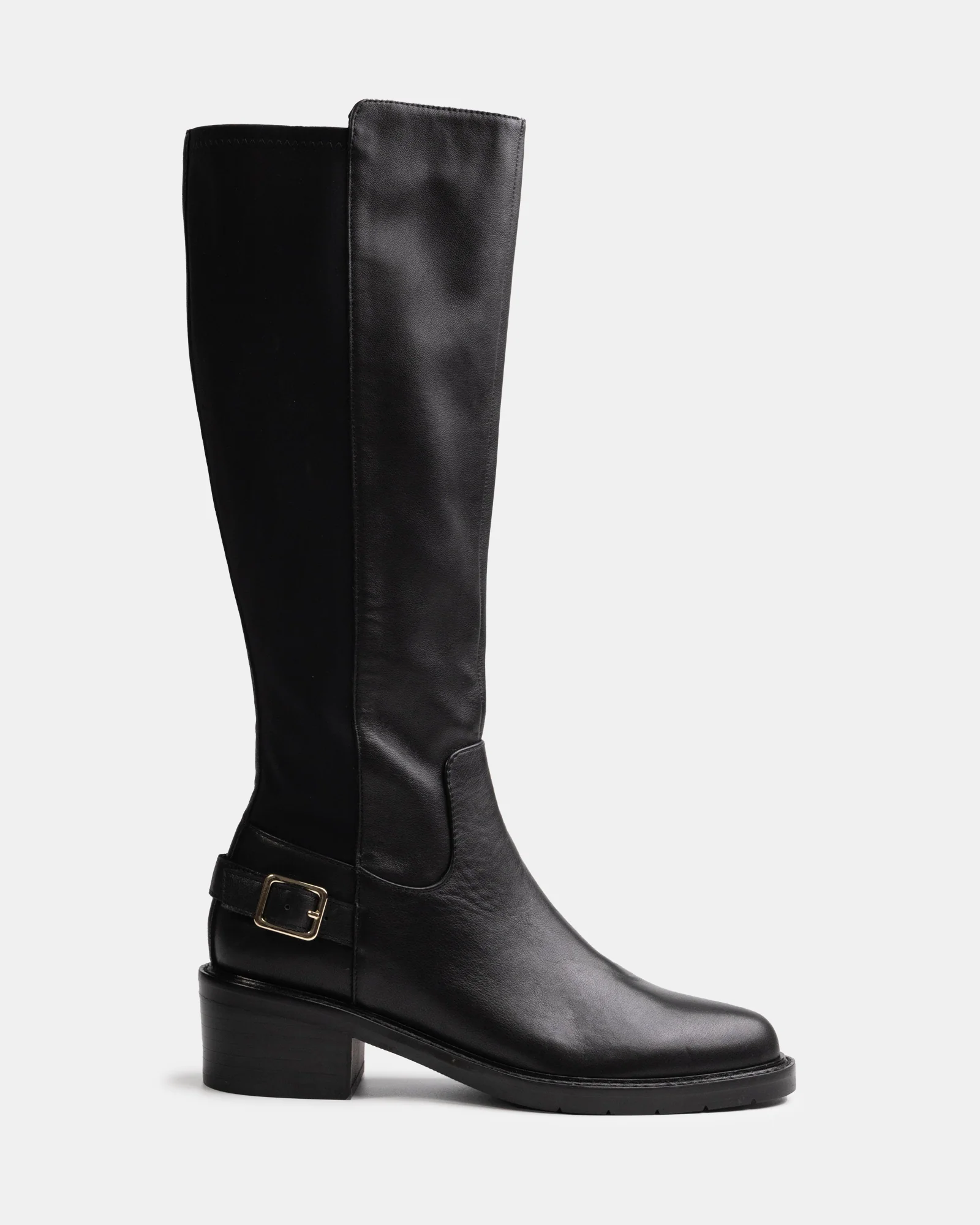 Branda Black Leather and Neoprene Knee High Boot