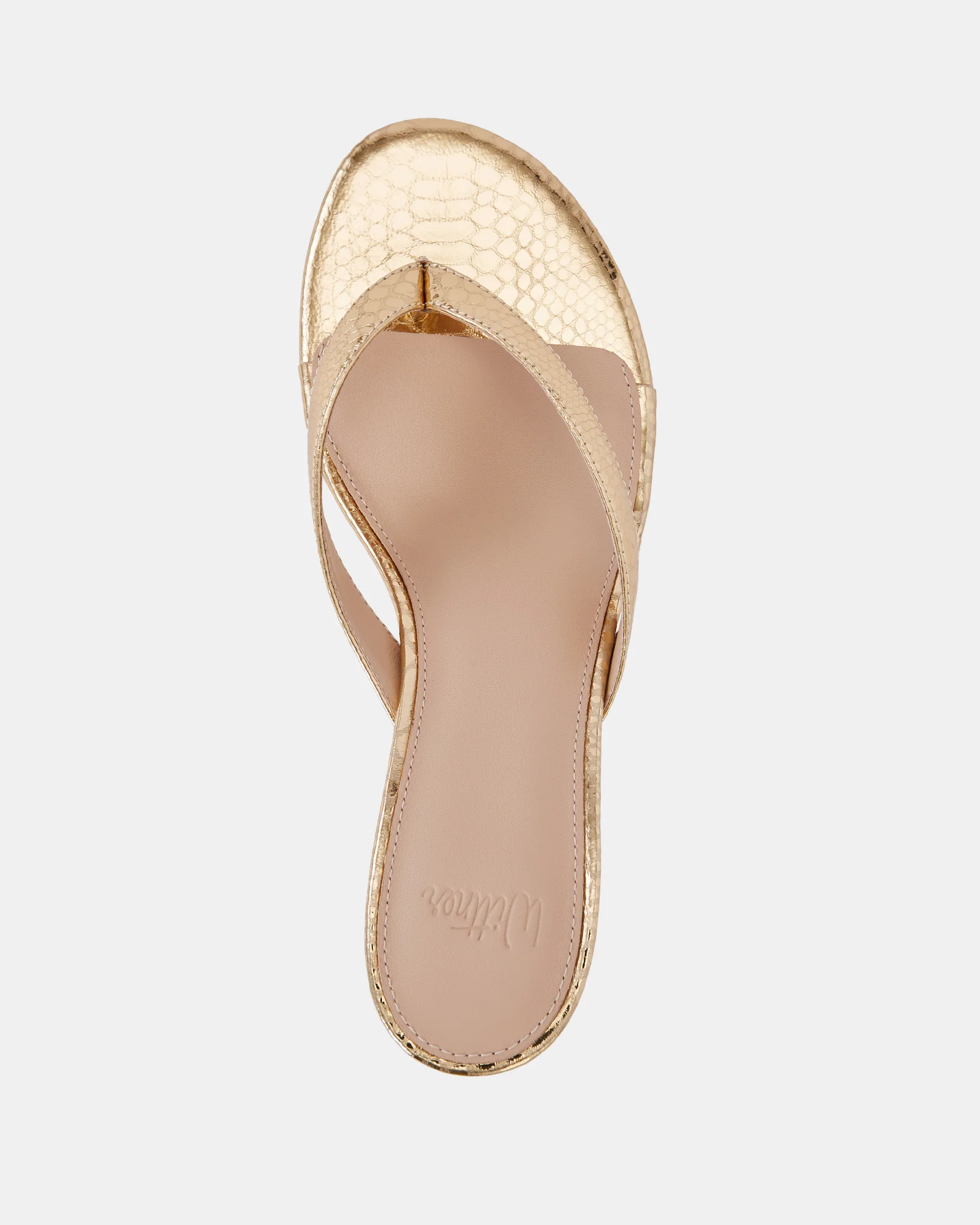 Gigi Gold Reptile Emboss Leather Kitten Heel Thong - Image 5
