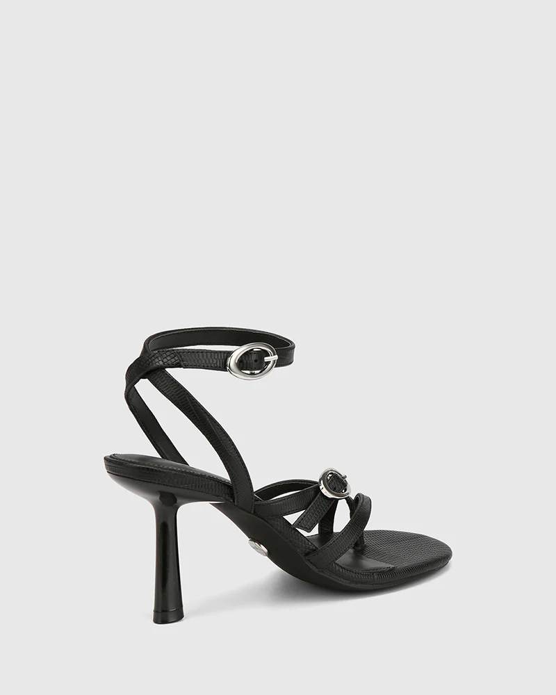 Utari Black Reptile Embossed Leather Strappy Heel - Image 4